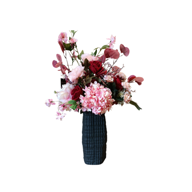 Bouquet floral artificiel en vase noir texturé